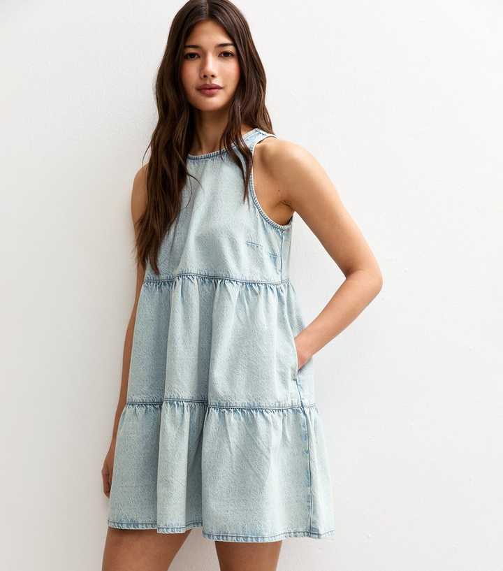  Blue Denim Tiered Smock Mini Dress