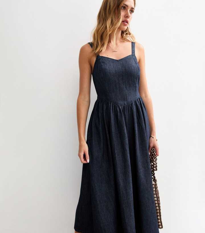 Dark Blue Denim Look V-Waist Midi Dress