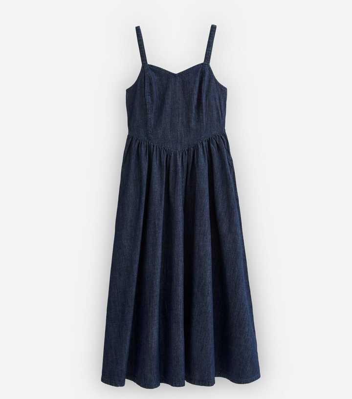Dark Blue Denim Look V-Waist Midi Dress | New Look