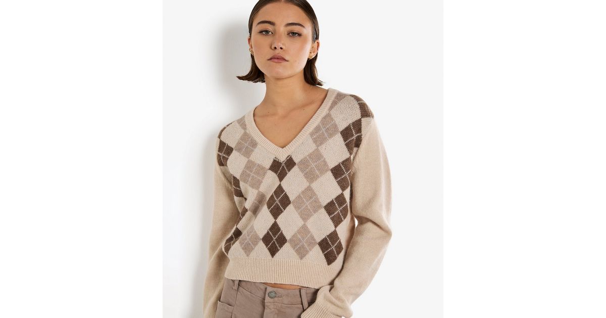 Apricot Stone V Neck Argyle Crop Sweater New Look