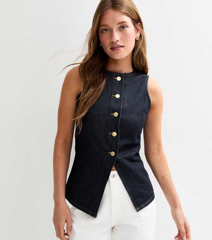 Navy Denim Waistcoat New Look
