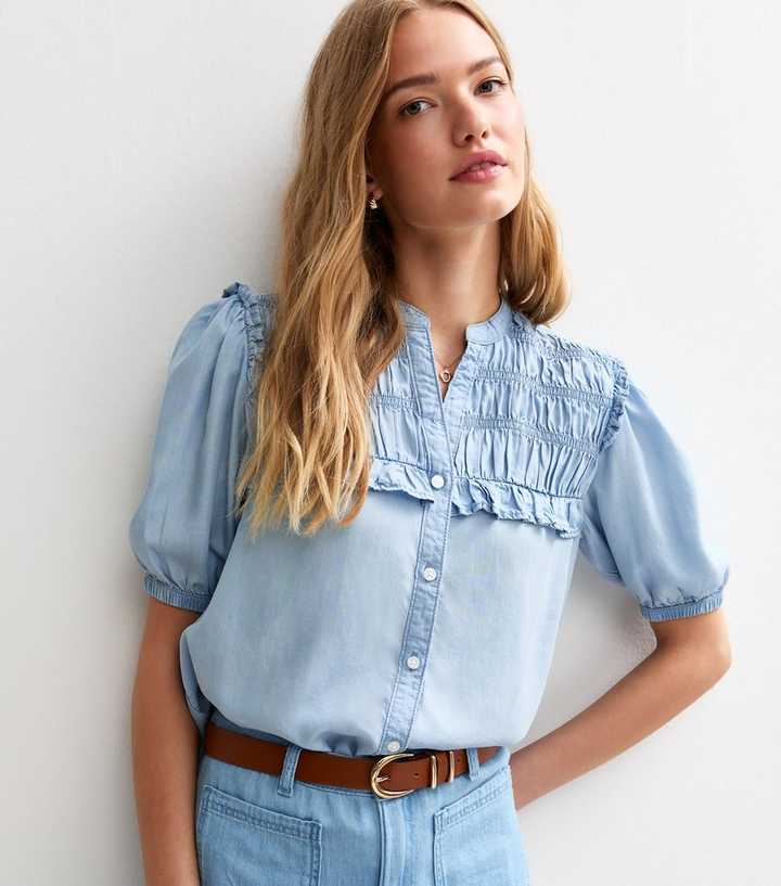 Light Blue Short Sleeve Chambray Frilled Shirred Blouse
