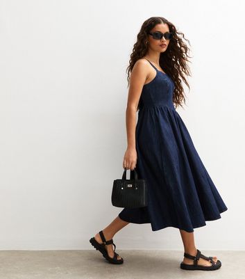 new look denim midi dress New Look sleeveless ruched denim midi dress in mid blue