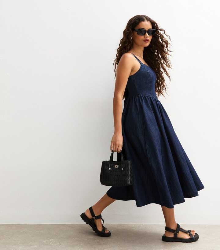 Petite Blue Denim Look V Waist Midi Dress