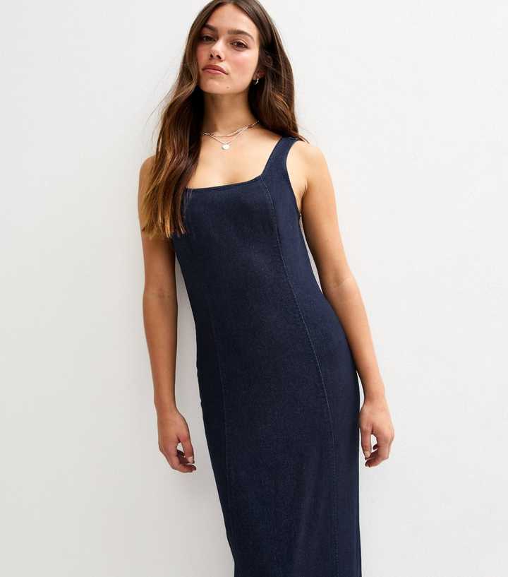 Petite Navy Square Neck Denim Midi Dress