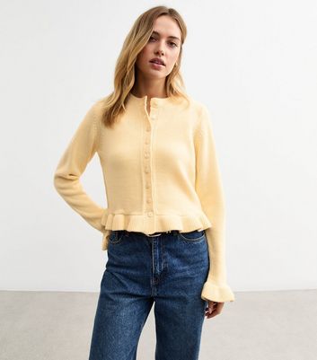 Light Yellow Frill Hem Knitted Cardigan | New Look