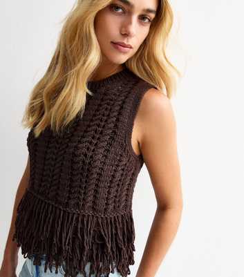 Dark Brown Open Knit Fringe Trim Sleeveless Vest