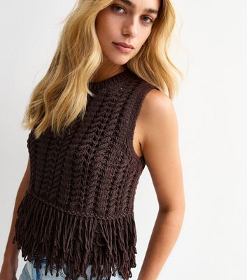 Dark Brown Open Knit Fringe Trim Sleeveless Vest | New Look