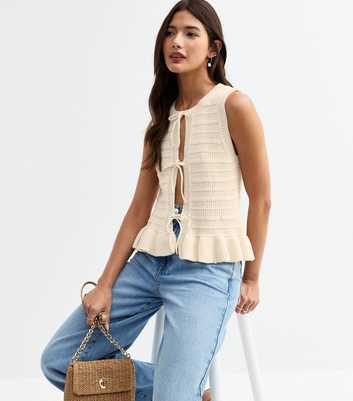 Cream Tie Front Sleevess Cardigan