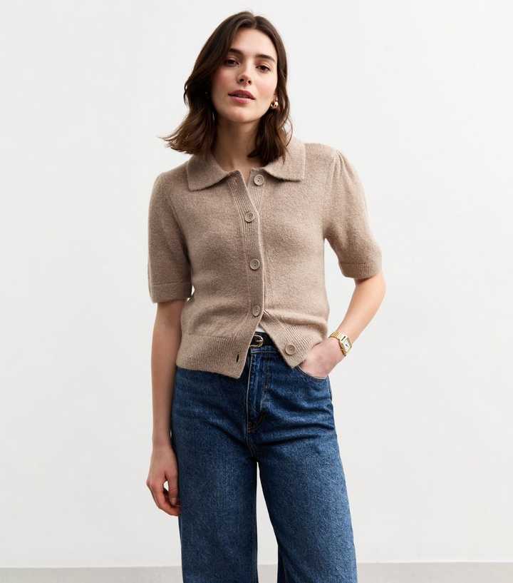 Mink Button Up Short Sleeve Collared Cardigan
