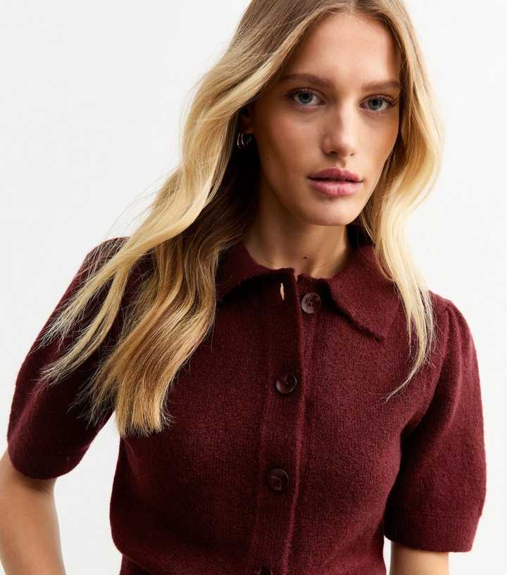 Burgundy Button Up Short Sleeve Collared Cardigan | New Look Burgundy Button Up Short Sleeve Collared Cardigan | New Look