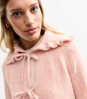 Pink Pointelle Knit Frill Collar Tie Front Cardigan