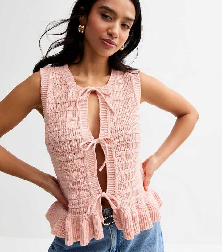 Petite Light Pink Knit Tie Front Waistcoat