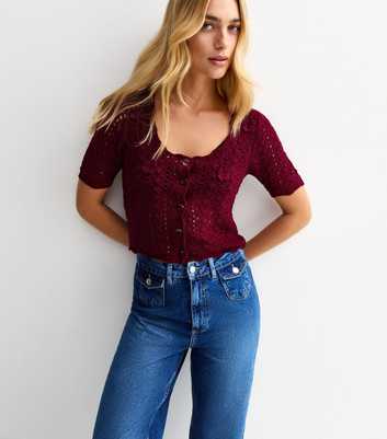 Burgundy Open Knit Floral Appliqued Cardigan