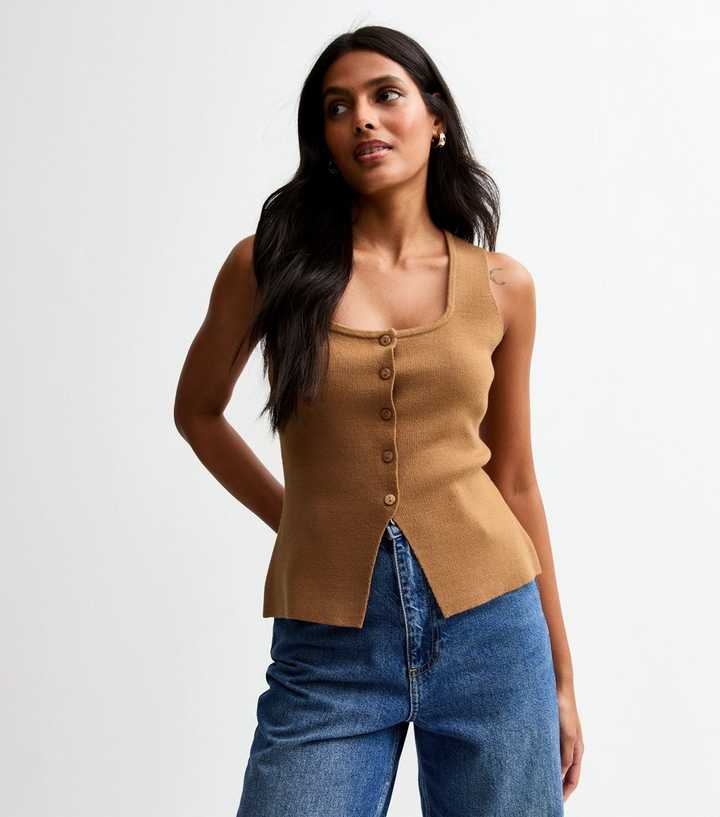 Tan Compact Knit Square Neck Waistcoat