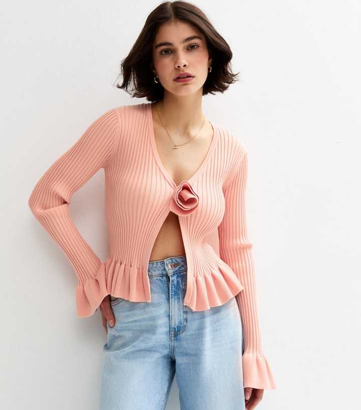 Pink Rose Applique Ribbed Cardigan