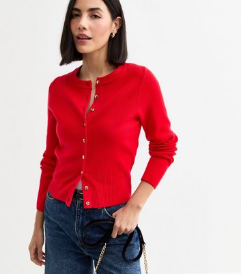 トップス Compact Logo Knit Cardigan red Red Compact Knit Button Up Cardigan | New Look