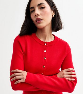 Red Compact Knit Button Up Cardigan | New Look