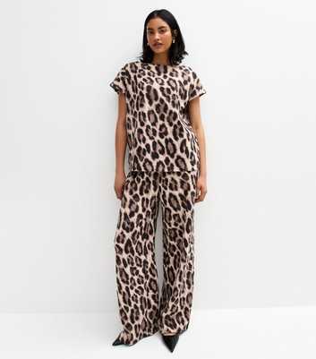 Brown Leopard Print Textured Wide Leg Trousers