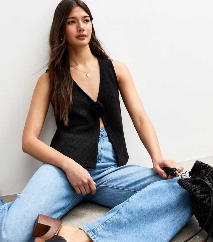 Black Soft Touch Flower Trim Waistcoat