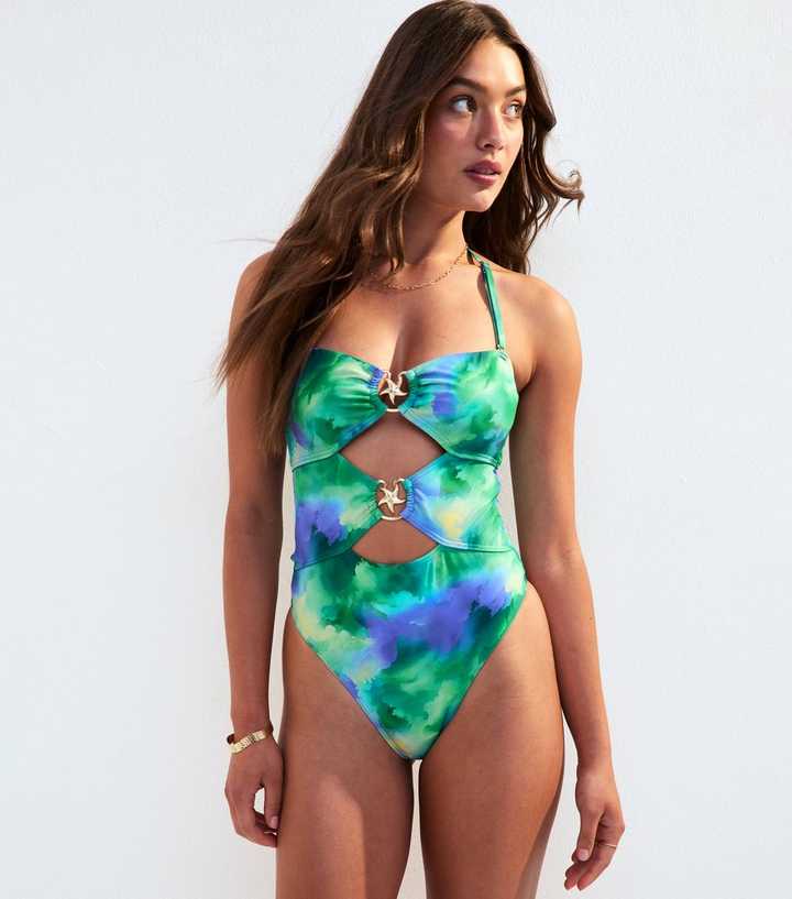 Green Ombré Print Cutout Halterneck Swimsuit