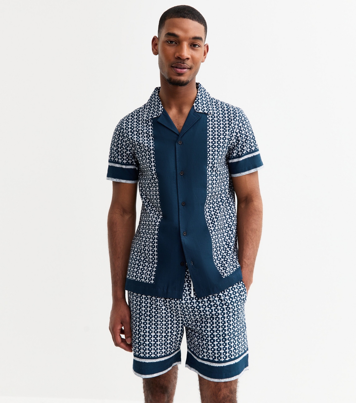 Men's Blue Regular Cotton Tile Print Revere Collared Shirt New Look