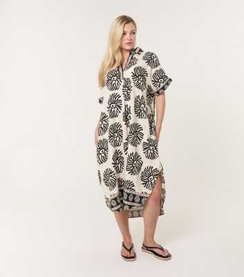 Blue Vanilla Black Leaf Print Oversized Midi Tunic Dress