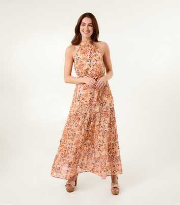 Blue Vanilla Orange Printed Halterneck Maxi Dress