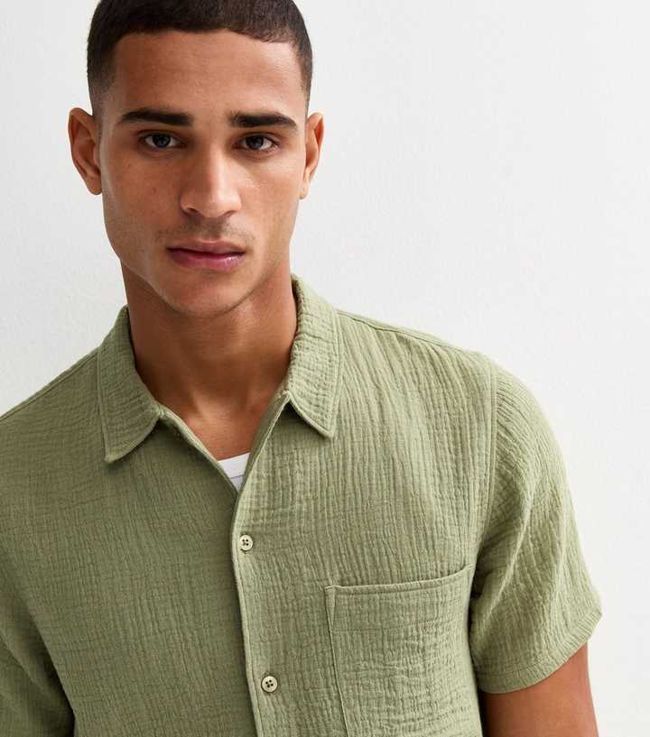 Light Khaki Relaxed Short Sleeve Textured Cotton Shirt