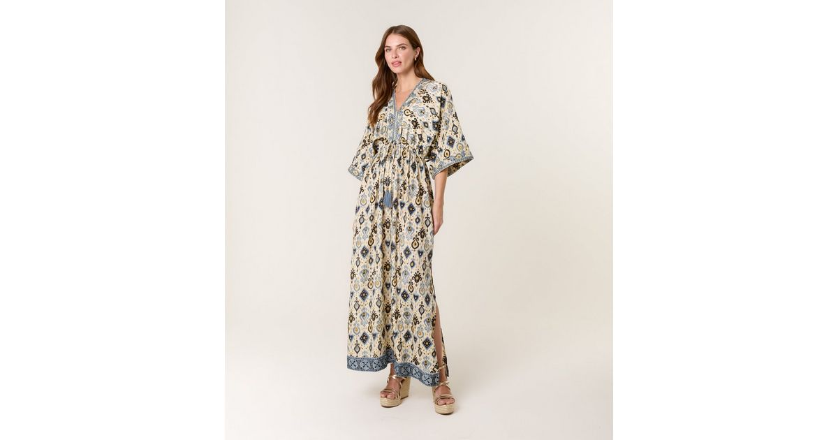 blue vanilla kimono dress Kimono Sleeve Hawaiian Dress With Slit Design - Blue Palm Leaf 2656