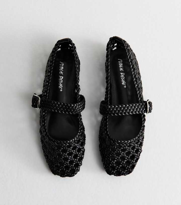 Public Desire Winoma Black Woven Ballet Pumps