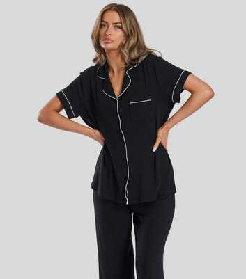 Loungeable Black Ribbed Shirt and Trousers Pyjama Set