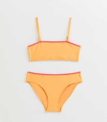 Girls Bright Orange Blanket Stitch Trim Bandeau Bikini Set