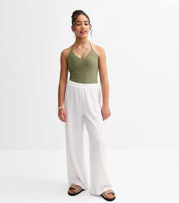 Girls White Crinkle Texture Wide Leg Beach Trousers