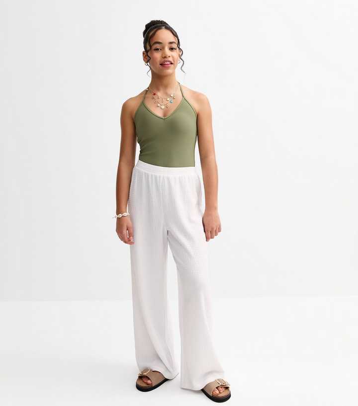 Girls White Crinkle Texture Wide Leg Beach Trousers