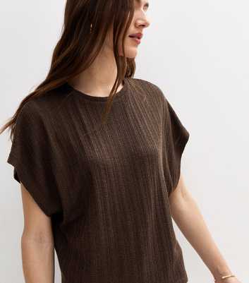 Dark Brown Textured Pointelle Relaxed T-Shirt