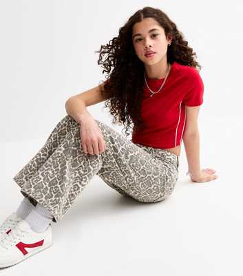Girls Brown Leopard Print Wide Leg Jeans