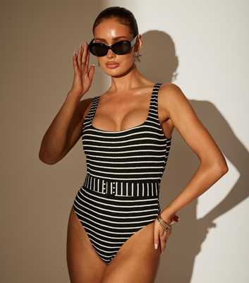 South Beach Black Crinkled Striped Belted Swimsuit