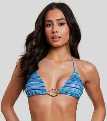 South Beach Blue Striped Triangle Bikini Top