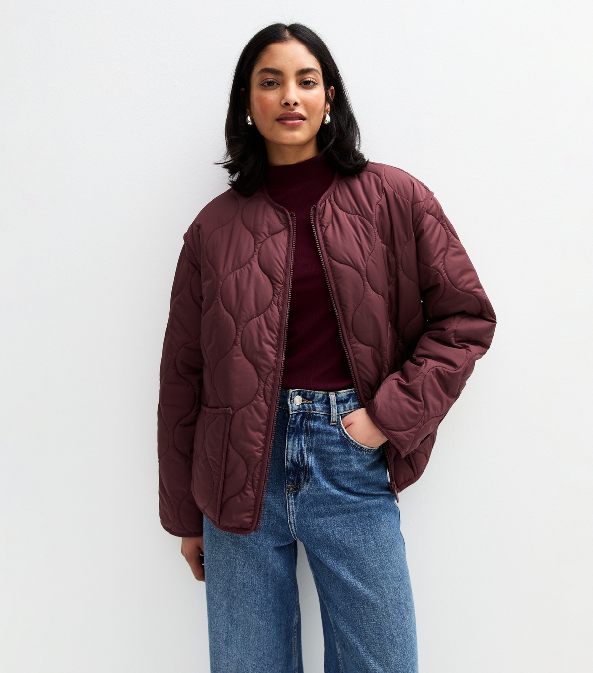 Women's Burgundy Quilted Zip Up Jacket New Look