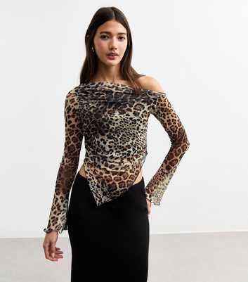 Brown Leopard Print Asymmetric Mesh Top