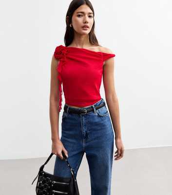 Red Corsage One Shoulder Mesh Top  