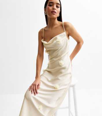 Cream Corsage Applique Satin Midi Dress