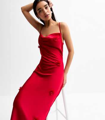 Red Corsage Applique Satin Midi Dress
