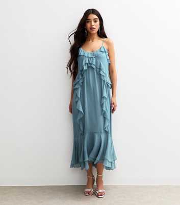 Blue Ruffled Chiffon Slip Dress