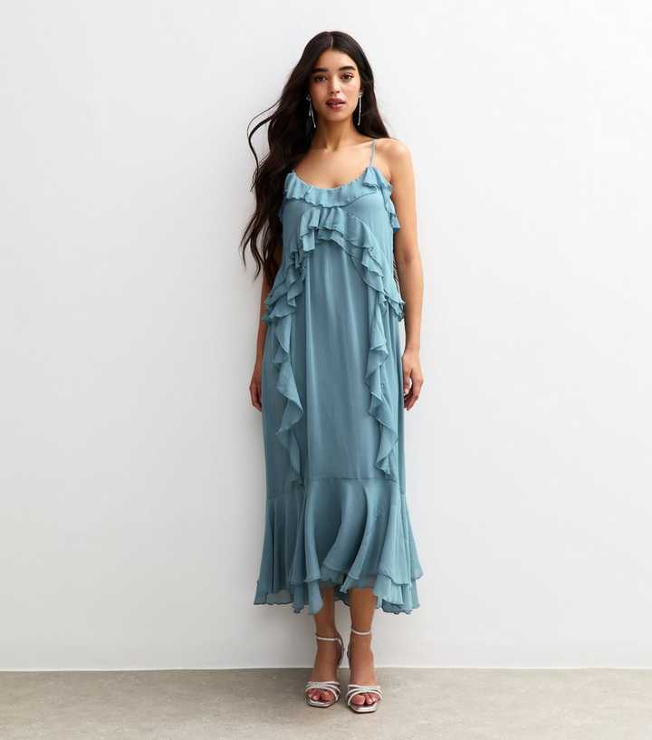 Blue Ruffled Chiffon Slip Dress