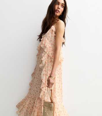 Cream Floral Print Chiffon Midi Dress