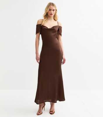 Tall Dark Brown Bardot Satin Midi Dress