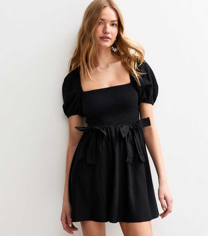 Black Shirred Bow Front Mini Dress