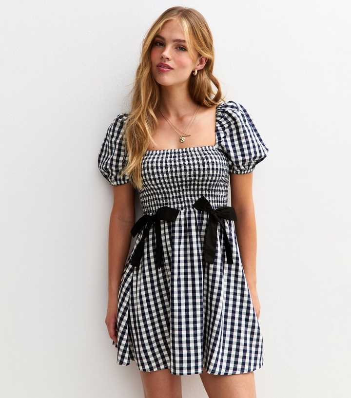 Navy Gingham Check Bow Applique Mini Dress